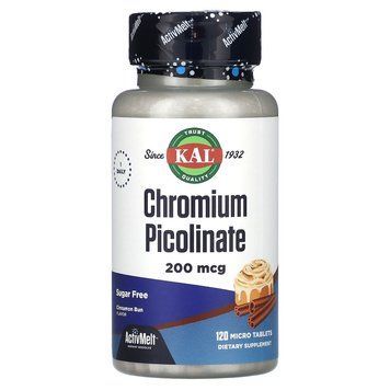 Пиколинат хрома со вкусом булочки с корицей, Chromium Picolinate, KAL, без сахара, 200 мкг, 120 микротаблеток