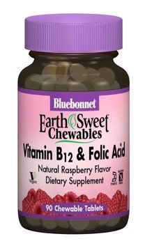 Вітамін В12 і Фолієва кислота, Смак Малини, Earth Sweet Chewables, Bluebonnet Nutrition, 90 жувальних