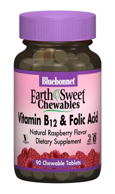 Витамин В12 и Фолиевая кислота, Вкус Малины, Earth Sweet Chewables, Bluebonnet Nutrition, 90 жевательных
