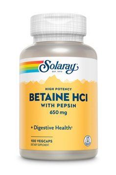 Бетаин HCL и Пеппсин, HCL with Pepsin, Solaray, 650 мг, 100 вегетарианских капсул