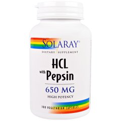 Бетаин HCL и Пеппсин, HCL with Pepsin, Solaray, 650 мг, 100 вегетарианских капсул