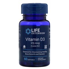 Витамин D3, Life Extension, Vitamin D3, 175 мкг (7000 МЕ) , 60 гелевых капсул