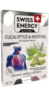 Леденцы от простуды, Herbal Lozenges Blister 20 herbs + Eucalyptus and Menthol, Swiss Energy, от кашля, боли в горле и заложенности носа, 20 альпийский трав, ментол и эвкалипт, 12 травяных леденцов