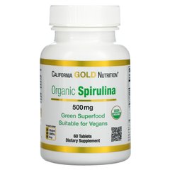 Спирулина органическая, 500 мг, Organic Spirulina, California Gold Nutrition, 60 таблеток