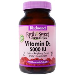 Вітамін D3 5000IU, Смак Малини, Earth Sweet Chewables, Bluebonnet Nutrition, 90 жув. таб.