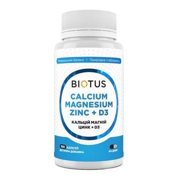 Кальций, магний, цинк + D3, Calcium, Magnesium, Zinc + D3, Biotus, 100 капсул