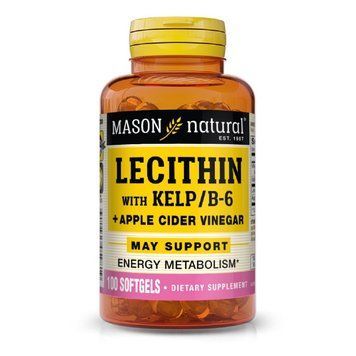 Лецитин с водорослями, Витамином B6 и яблочным уксусом, Lecithin With Kelp/Vitamin B 6 Plus Cider Vinegar, Mason Natural, 100 гелевых капсул