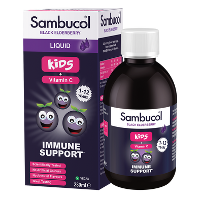 Детские Витамины для иммунитета Sambucol Kids Liquid + Vitamin C 230 мл