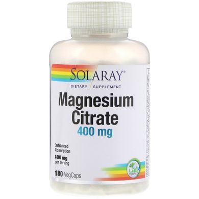 Цитрат Магния, 400 Мг, Magnesium Citrate, Solaray 180 Капсул