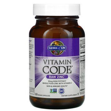 Сырой Цинк, RAW Zinc, Garden of Life, 60 веганских капсул
