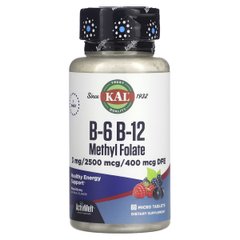Витамины B6+B12 и метилфолат, вкус ягод, B6 B12 Methyl Folate, KAL, 60 микротаблеток