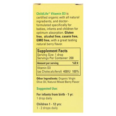 Рідкий Вітамін D3 для Дітей зі Смаком Ягід, 400 МО, Organic Vitamin D3 Drops, ChildLife, 10 мл