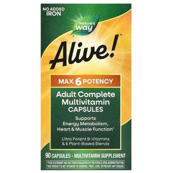Мультивитамины без железа, Adult Complete Multivitamin, Nature's Way, Alive!, полный комплекс для взрослых, 90 капсул